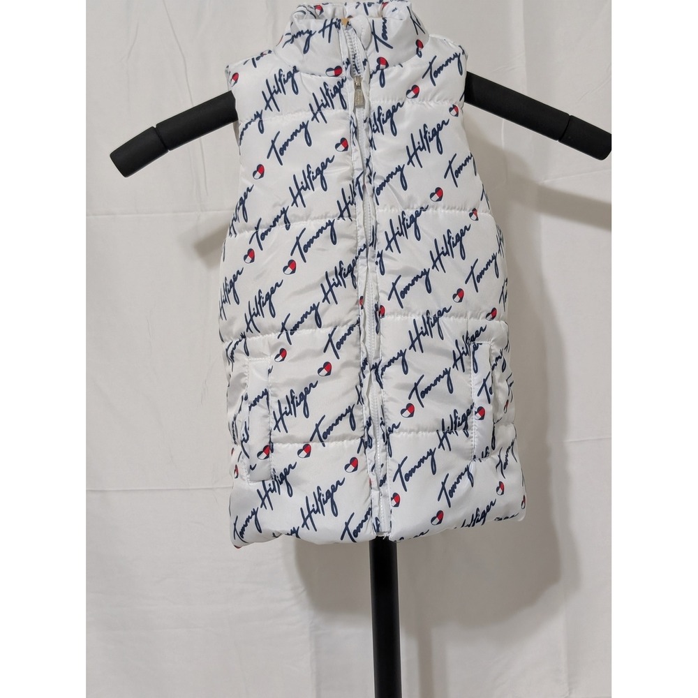 Tommy Hilfiger Girls White Script Logo Puffer Vest Heart Print Size 4T Outerwear